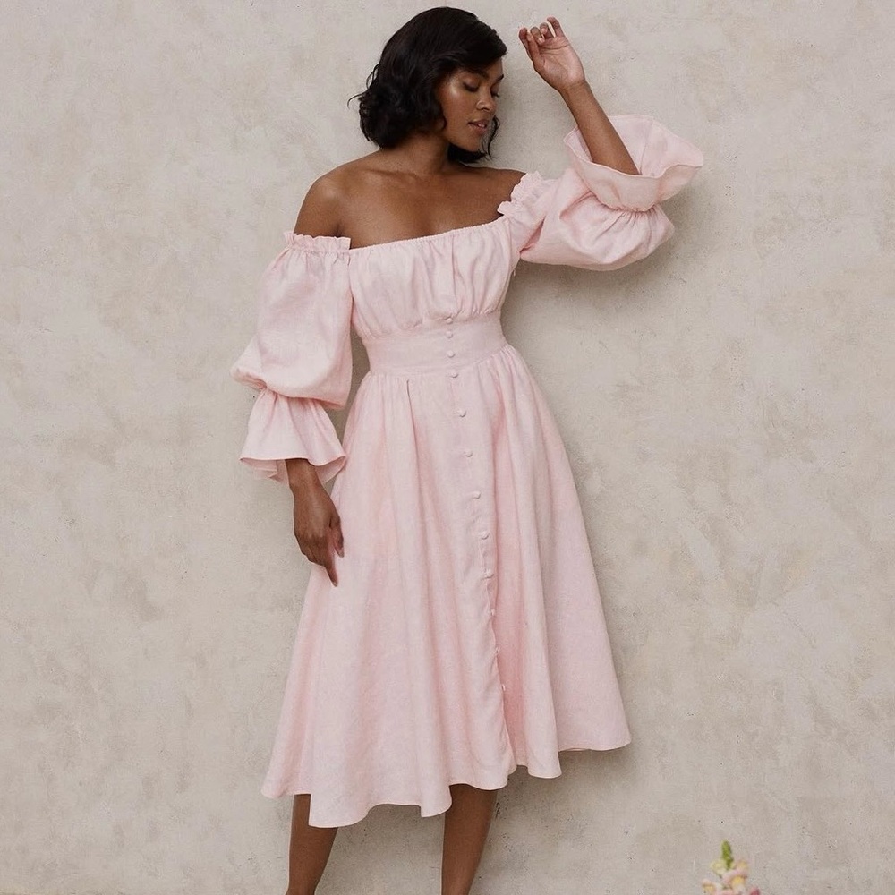 Soft Pink Puff Sleeve Midi Dress